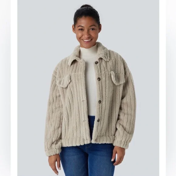 HALARA Women’s Long Sleeve Casual Sherpa Jacket in Cream NWT - Size Large - Picture 1 of 15